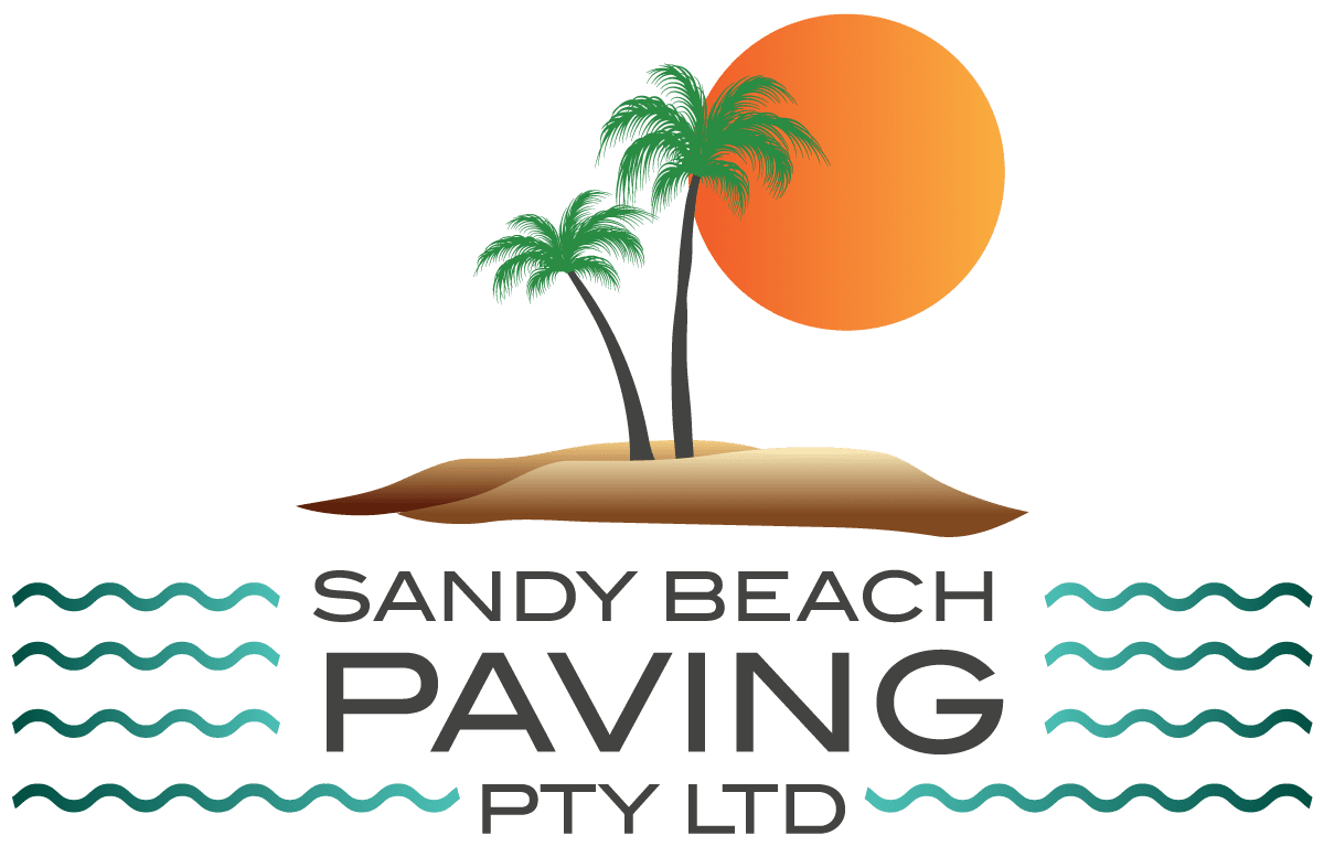Palm trees and sunset logo, Sandy Beach.