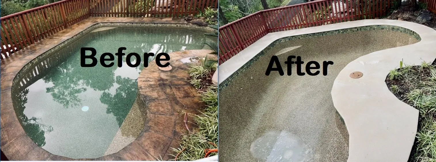 Pool renovation before and after comparison.